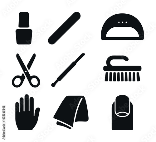 Beauty salon icons: nail polish, tools, hand, and towel for manicure and pedicure