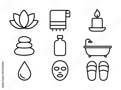 Minimalist spa icons: lotus, towel, candle, stones, bottle, bathtub, drop, mask, slippers