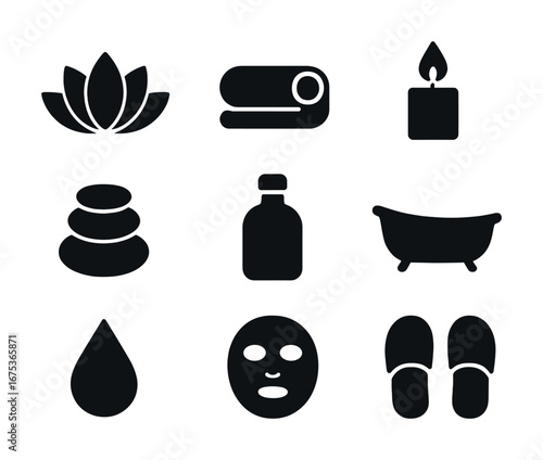 Spa icons set: lotus, towel, candle, stones, bottle, bathtub, drop, face mask, slippers