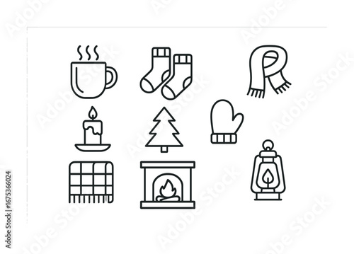 Cozy winter essentials icons: mug, socks, scarf, candle, tree, mittens, blanket, fireplace, lantern