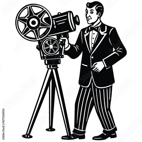 Retro Film Production Illustration – Black and White Silhouette