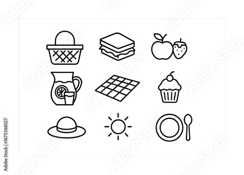 Minimalist picnic icon set with food and outdoor symbols