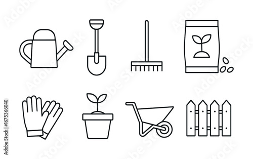 Garden tools and supplies icon set featuring watering can, shovel, rake, seeds, gloves, plant, wheelbarrow, fence