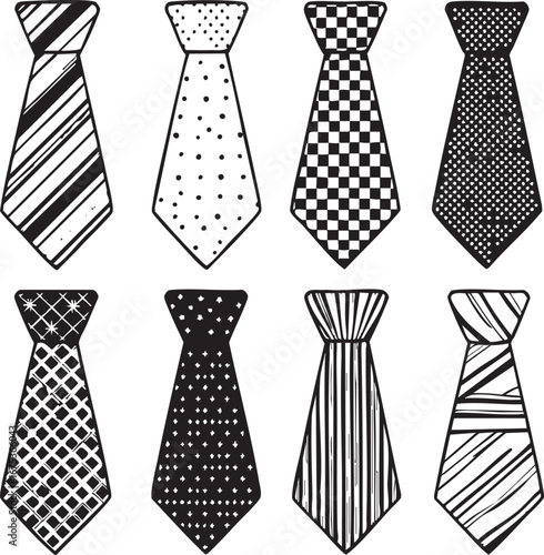 Set of eight neckties with different patterns black and white line art illustration for fashion style menswear and design elements