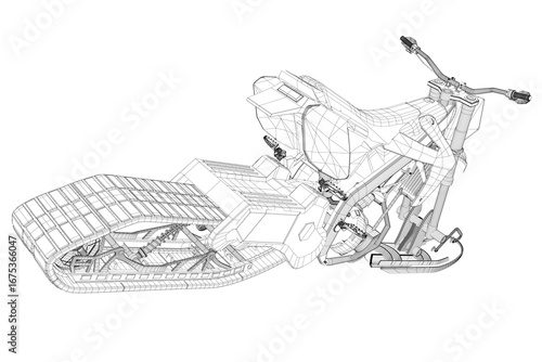A 3D wireframe model of a snowmobile, featuring detailed handlebars, a seat, and wheels on a white background.