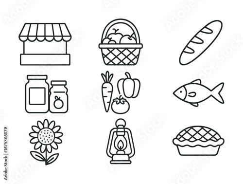 Farmers market icons: produce, baked goods, and lantern outline illustrations