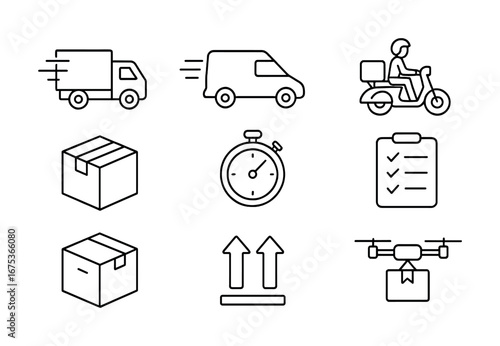 Delivery and logistics icons set featuring vehicles, packages, and drone