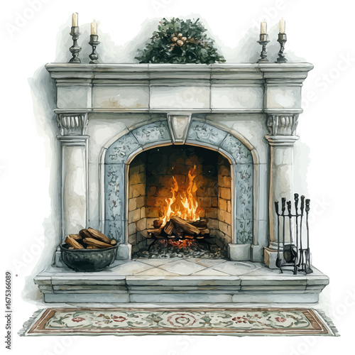 watercolor vector of Fireplace Glowing Warmth, isolated on a white background.