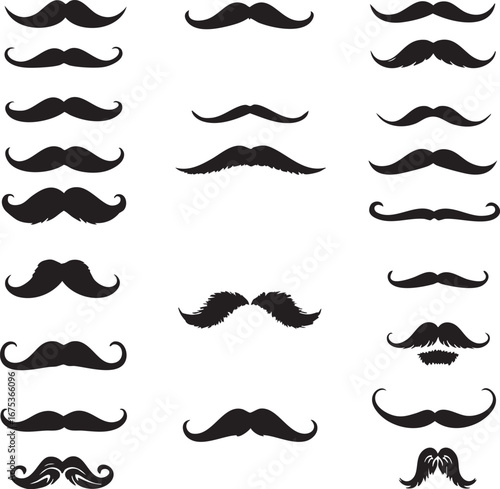 Set of 25 mustache styles black and white silhouette illustration for grooming fashion barbershop and decorative design elements