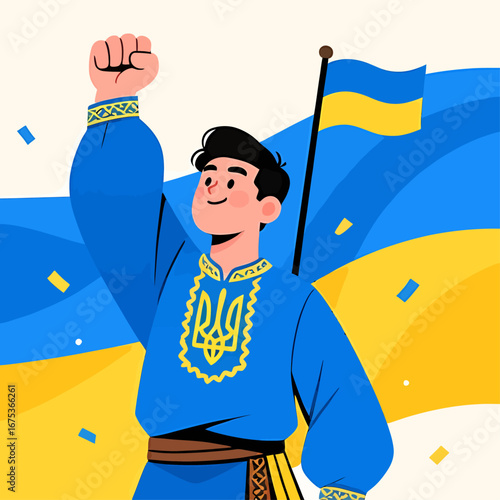 Patriotic Ukrainian man in traditional vyshyvanka shirt raises his fist in support and solidarity