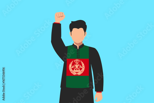 Illustration of an Afghan man protesting with a raised fist, wearing the national flag of Afghanistan for solidarity