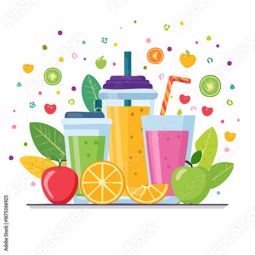 Illustration of fresh fruit juices and smoothies with apples, oranges, and kiwi.