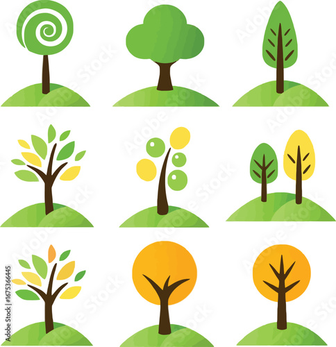 Collection of nine stylized trees on green hills in flat design