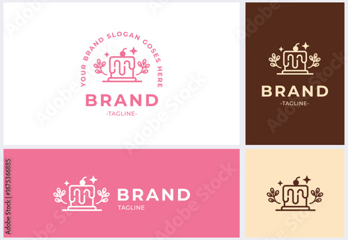 Charming bakery logo design featuring a delightful cake with cherry and decorative elements