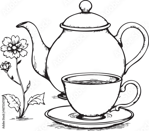 Teapot and teacup with flowering plant black and white line art illustration for tea time relaxation and decorative design
