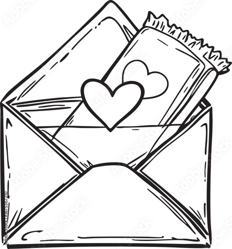 Open envelope with love hearts and gift card in romantic black and white line art illustration for valentines and celebrations