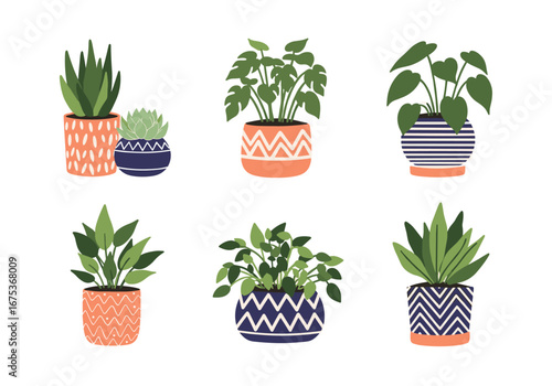 Beautifully illustrated assortment of six indoor potted houseplants with decorative colorful planters presented against a white background
