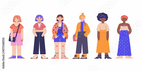 Diverse group of six stylish young women standing together showcasing modern fashion and individuality