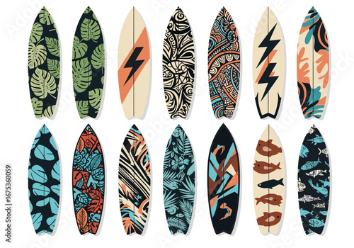 Collection of fifteen distinctly designed colorful surfboards displayed in two rows representing summer beach lifestyle vibes