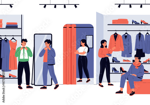 Fashionable shoppers explore clothing boutiques enjoying a pleasant shopping experience selecting new outfits and accessories inside modern retail stores