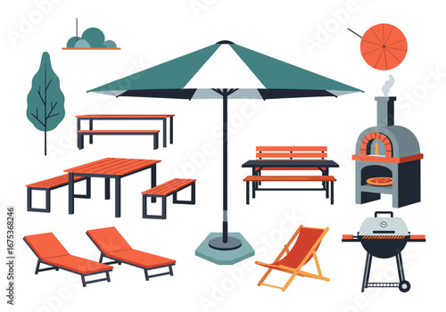 Outdoor living collection featuring patio furniture grilling station and relaxing loungers for garden enjoyment