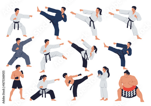 Diverse group of athletes demonstrating various martial arts techniques and poses in traditional uniforms
