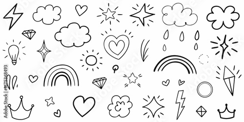 Collection of hand drawn doodle elements including stars hearts clouds lightning bolts rainbows and diamonds