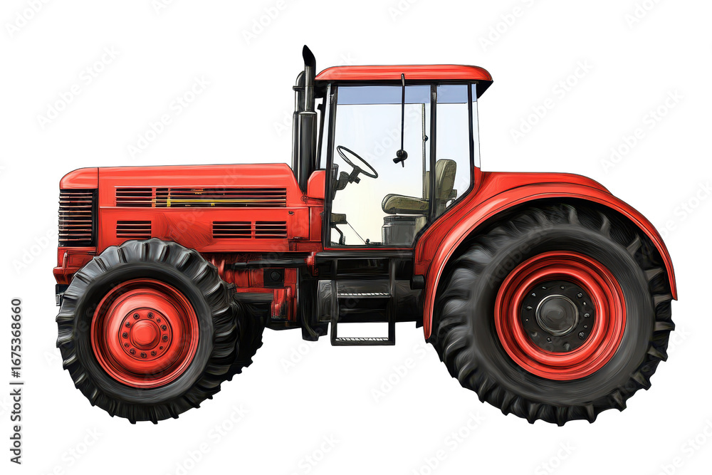Obraz premium Bright red tractor parked in a rural setting, showcasing its robust design and readiness for farm tasks
