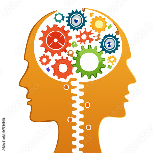 Human Brain with Gears Inside, Concept of Thought, Innovation, and Creativity Illustration
