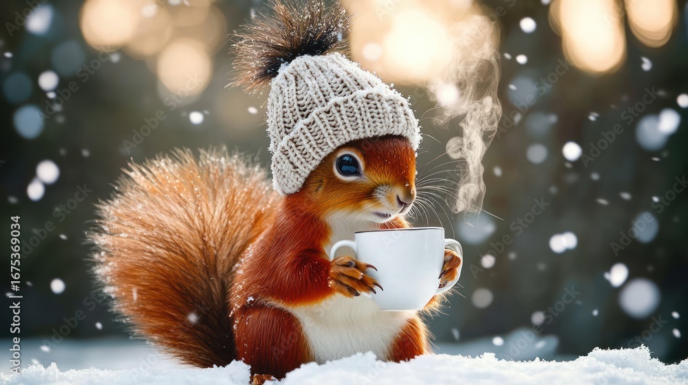 Obraz premium cute red squirrel wearing a knitted hat holding a steaming cup while sitting in the snow during snowfall with blurred background