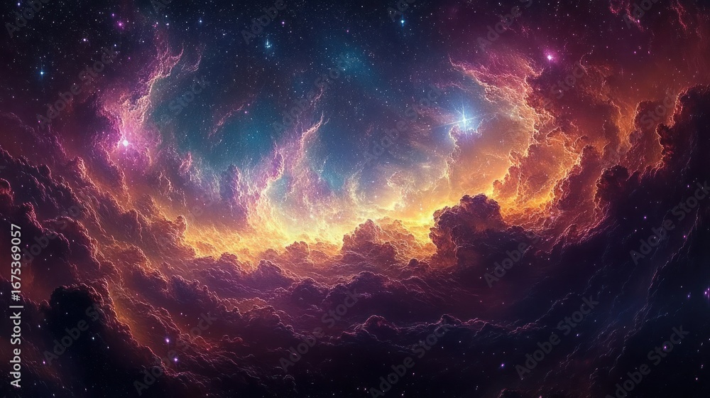 Obraz premium Vibrant cosmic nebula with glowing orange and purple clouds surrounding bright stars in deep space evoking awe and mystery