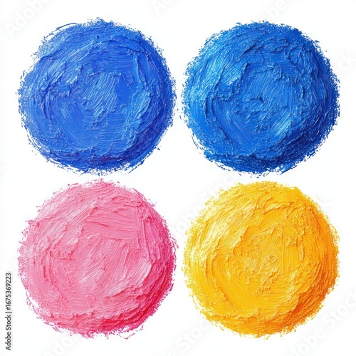 Wallpaper Mural Four thickly painted textured circular shapes in two shades of blue, pink, and yellow on a white background, showcasing vibrant color contrast and artistic brush strokes Torontodigital.ca