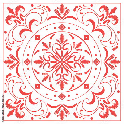 Italian red ceramic tile pattern. Doodle sketch ink. Mediterranean porcelain pottery. Minimalist vector line art.