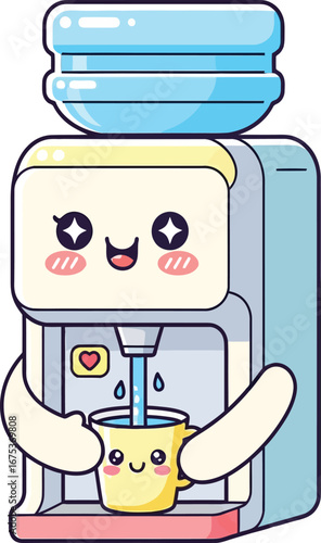 Cute cartoon water cooler dispensing water into a cup.