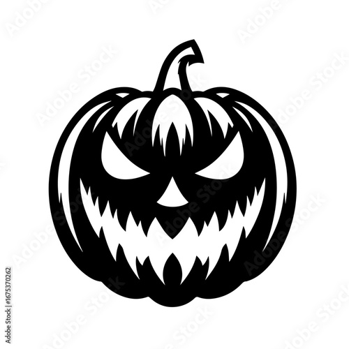 Black and white vector silhouette of a Halloween pumpkin on white background