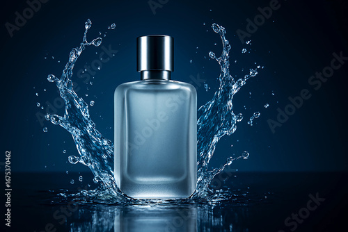 Elegant perfume bottle with water splash on a dark blue background for product display