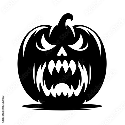 Black and white vector silhouette of a Halloween pumpkin on white background
