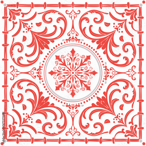 Italian red ceramic tile pattern. Doodle sketch ink. Mediterranean porcelain pottery. Minimalist vector line art.