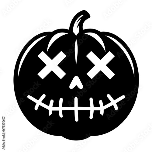 Black and white vector silhouette of a Halloween pumpkin on white background
