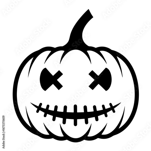 Black and white vector silhouette of a Halloween pumpkin on white background