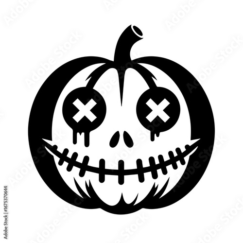 Black and white vector silhouette of a Halloween pumpkin on white background