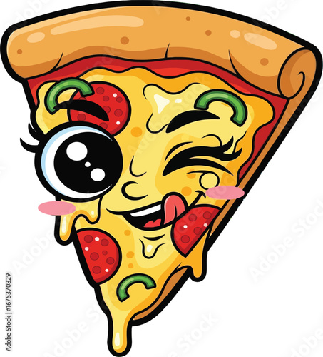 Cute Cartoon Pizza Slice Winking and Sticking Tongue Out.