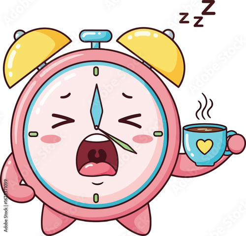 Tired Cartoon Alarm Clock Character Holding Hot Coffee for Morning Wake Up.