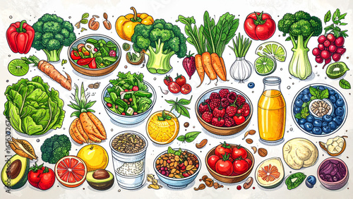 Hand drawn healthy vegan food set with fruits, vegetables, salads, smoothies, and nuts.