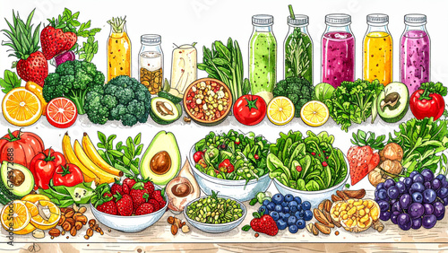 Hand drawn healthy vegan food set with fruits, vegetables, salads, smoothies, and nuts.