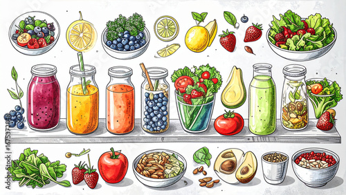 Hand drawn healthy vegan food set with fruits, vegetables, salads, smoothies, and nuts.