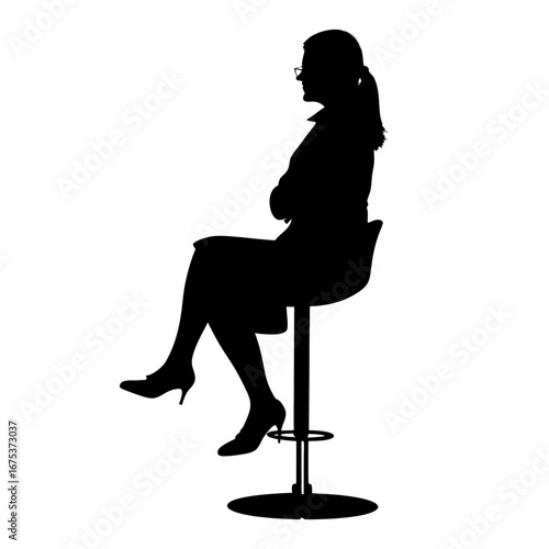 Confident Woman with Glasses Silhouette on Bar Stool with Arms Crossed Symbolizing Strength and Style