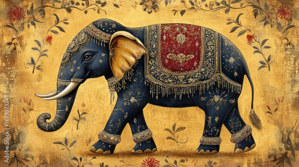 Fototapeta premium Ornate elephant in decorative frame, detailed background, artistic, possible use for wallpaper or print