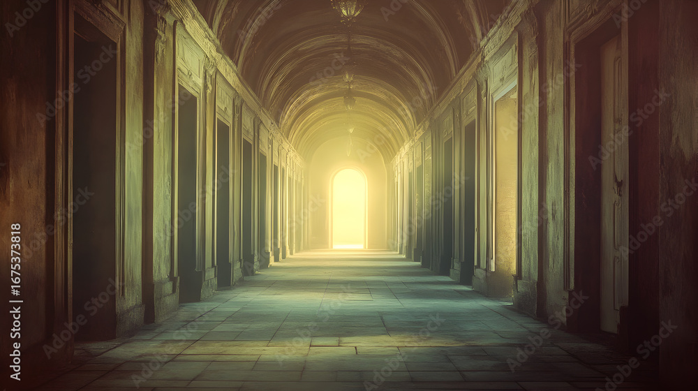 Fototapeta premium A long hallway with arched ceiling and doors leading to a bright light at the end of the passage