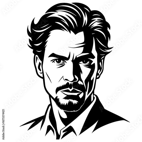 Striking portrait silhouette of man with beard, sharp features, dramatic waves hairstyle, heroic or villainous comic aura
